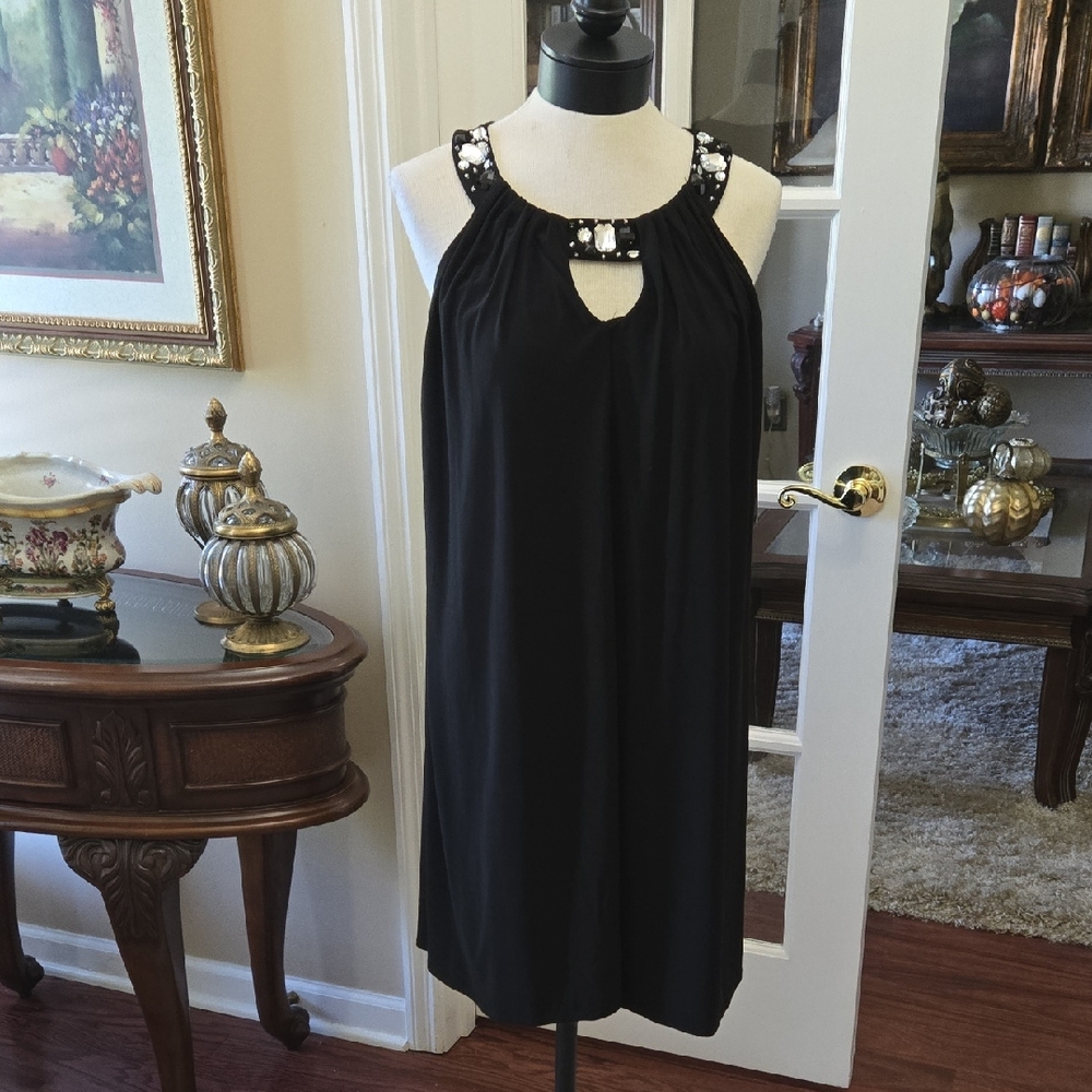 Scarlett Nite Black Dress Beaded Pleated CutOut Neck Sleeveless Stretch 10 NEW